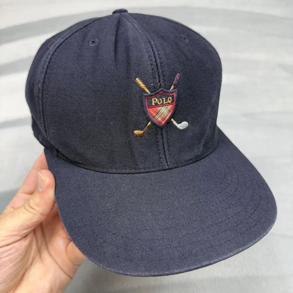 Vintage 90s Polo Ralph Lauren Golf Fitted Hat Navy Blue Plaid Crest Size Large